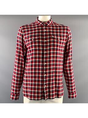 JOHN VARVATOS Size L Red Navy & Cream Plaid Cotton Long Sleeve Shirt